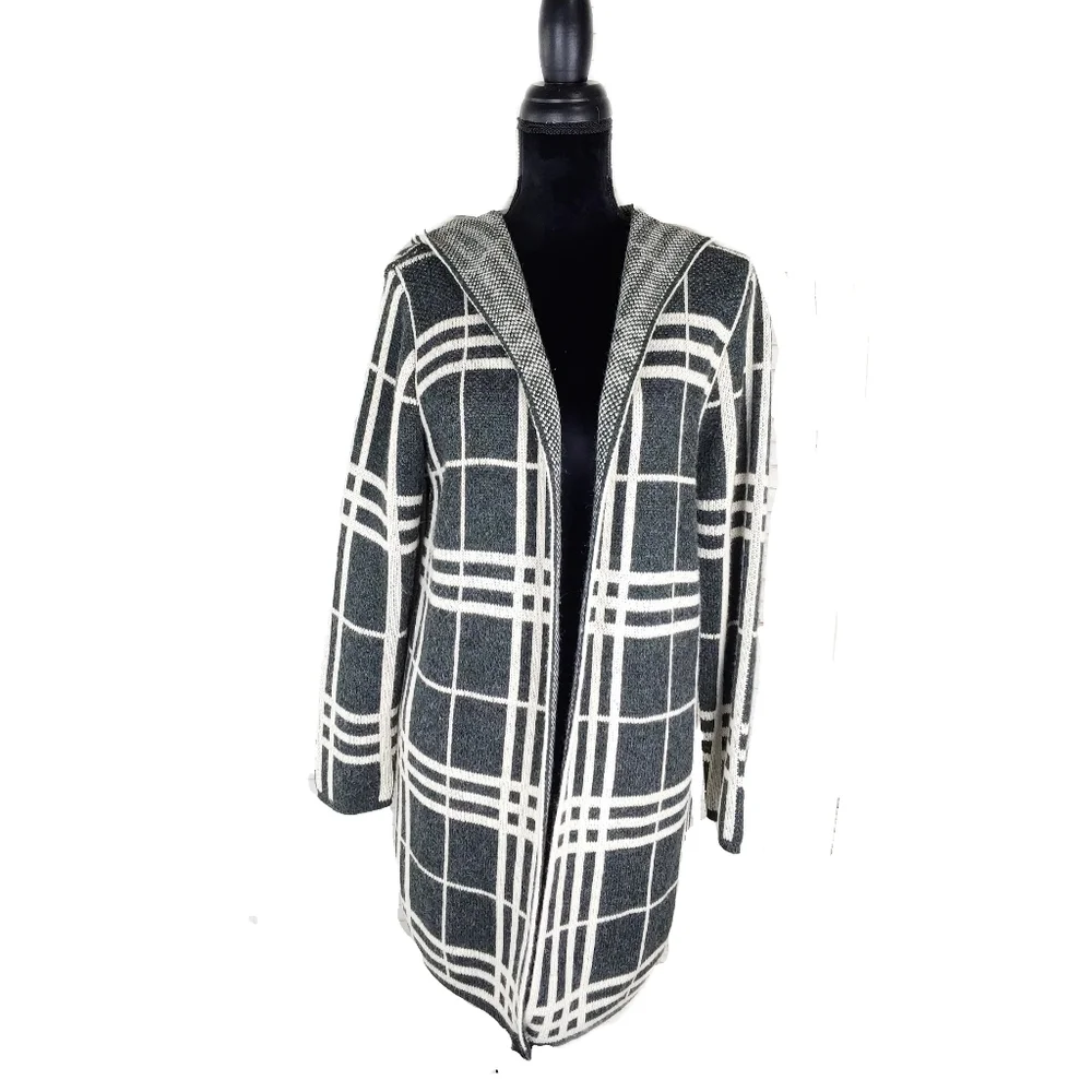 Heathmoor Womens Gray & Cream Glen Plaid Hooded Open Long Cardigan Coat Size S - Picture 4 of 10